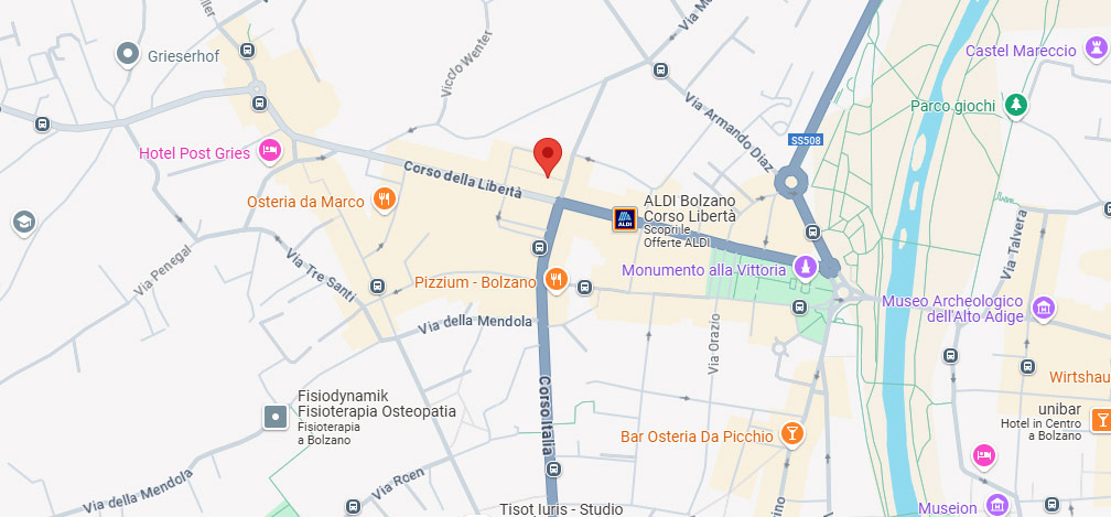 Mappa con la posizione della sede centrale di Coopbund a Bolzano (Piazza Mazzini 50–56)